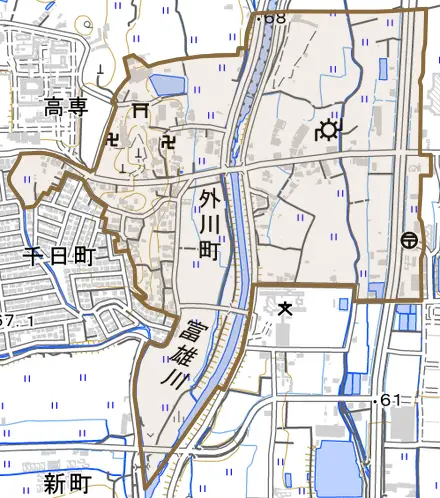 外川町とその周辺の地図。町の範囲を重ねている