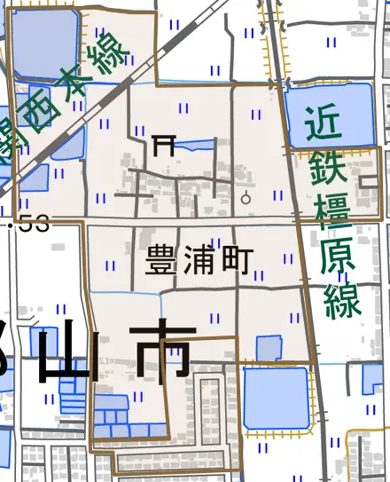 豊浦町とその周辺の地図。町の範囲を重ねている