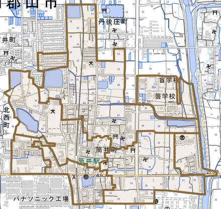 筒井町とその周辺の地図。町の範囲を重ねている