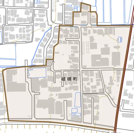 植槻町とその周辺の地図。町の範囲を重ねている