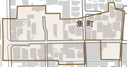 魚町とその周辺の地図。町の範囲を重ねている