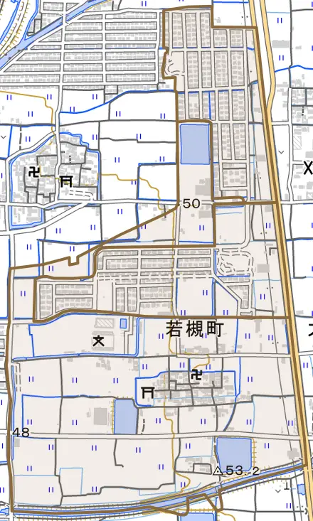 若槻町とその周辺の地図。町の範囲を重ねている