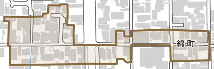 綿町とその周辺の地図。町の範囲を重ねている
