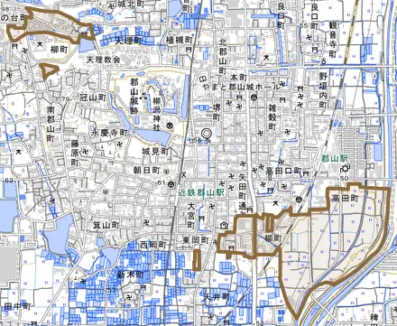 柳町とその周辺の地図。町の範囲を重ねている