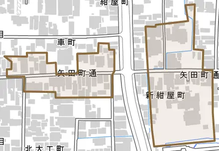 矢田町通とその周辺の地図。町の範囲を重ねている