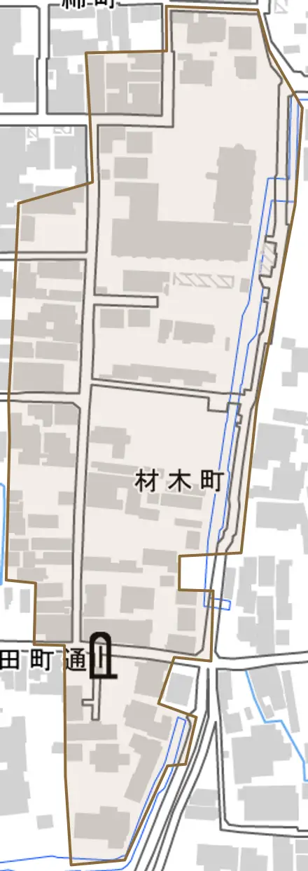 材木町とその周辺の地図。町の範囲を重ねている