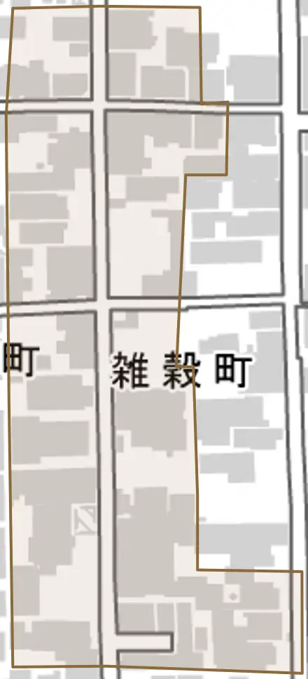 雑穀町とその周辺の地図。町の範囲を重ねている