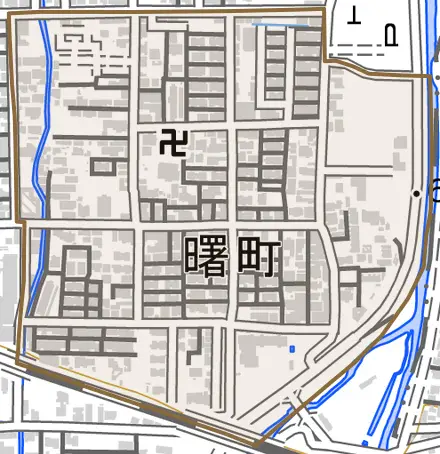 曙町とその周辺の地図。町の範囲を重ねている