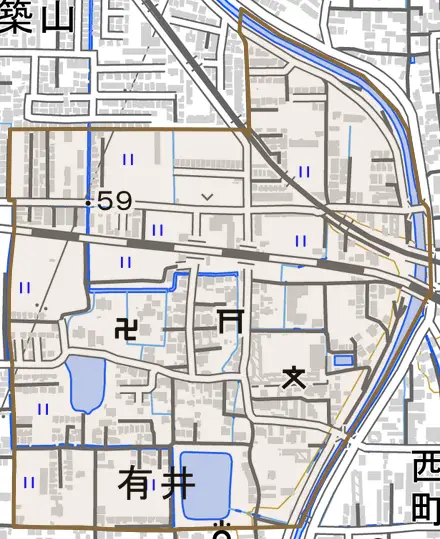 大字有井とその周辺の地図。町の範囲を重ねている
