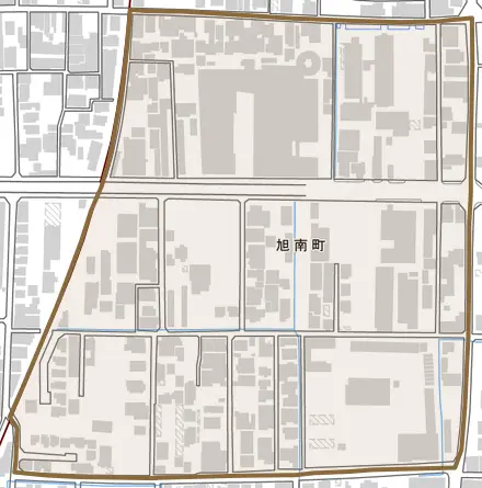 旭南町とその周辺の地図。町の範囲を重ねている