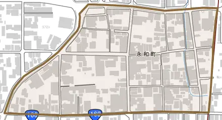 永和町とその周辺の地図。町の範囲を重ねている