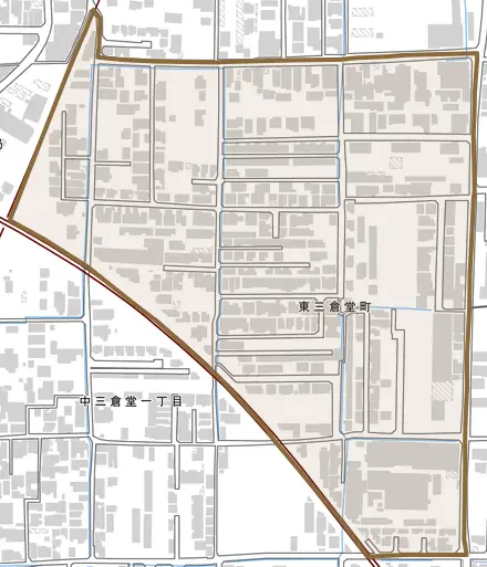 東三倉堂町とその周辺の地図。町の範囲を重ねている