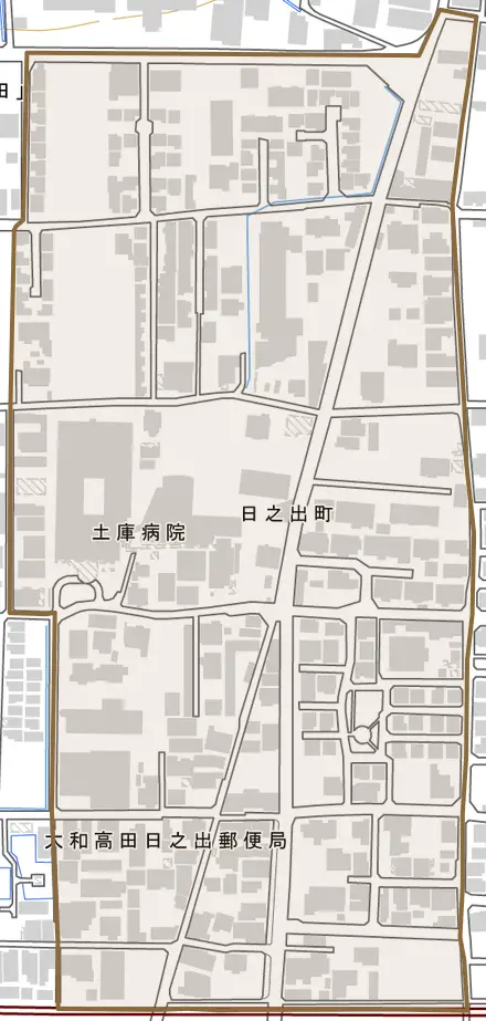 日之出町とその周辺の地図。町の範囲を重ねている