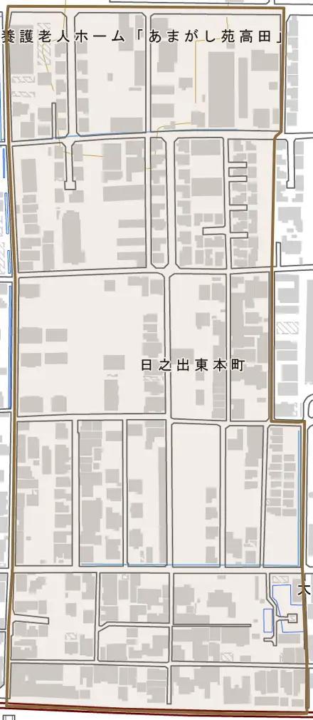 日之出東本町とその周辺の地図。町の範囲を重ねている