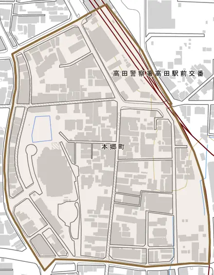 本郷町とその周辺の地図。町の範囲を重ねている