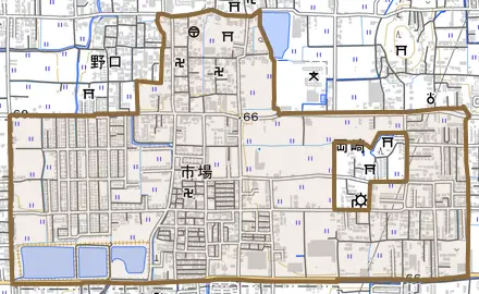 大字市場とその周辺の地図。町の範囲を重ねている