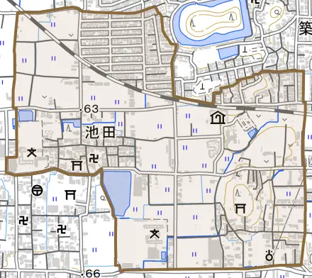 大字池田とその周辺の地図。町の範囲を重ねている