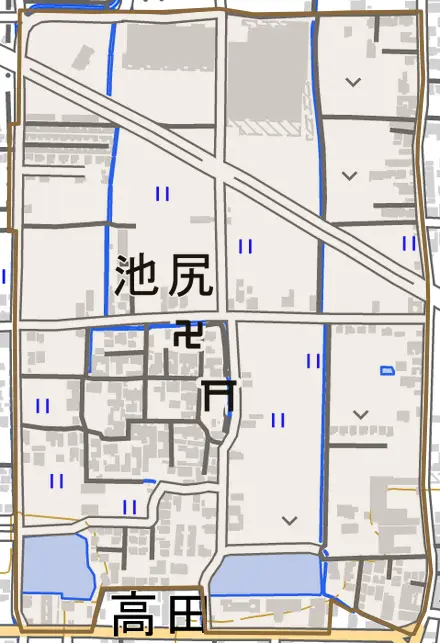 大字池尻とその周辺の地図。町の範囲を重ねている