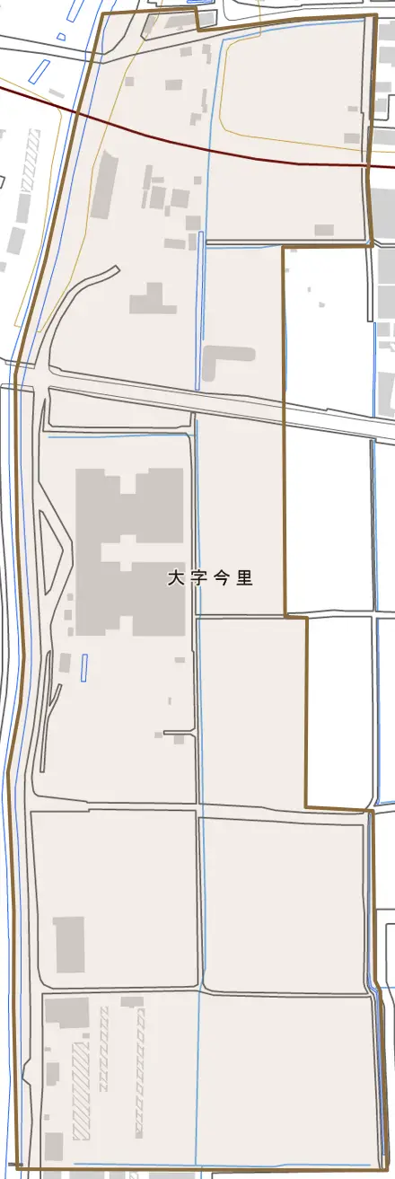 大字今里とその周辺の地図。町の範囲を重ねている