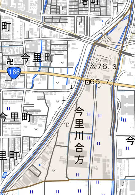 大字今里川合方とその周辺の地図。町の範囲を重ねている