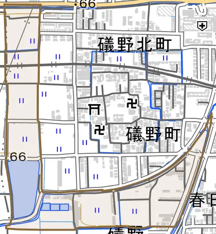 大字礒野とその周辺の地図。町の範囲を重ねている