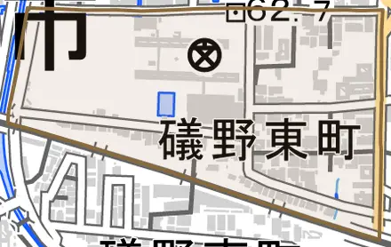 礒野東町とその周辺の地図。町の範囲を重ねている