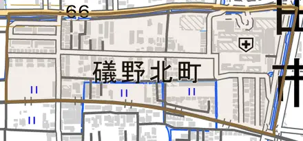礒野北町とその周辺の地図。町の範囲を重ねている