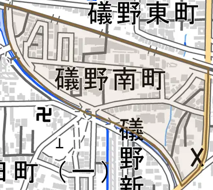 礒野南町とその周辺の地図。町の範囲を重ねている