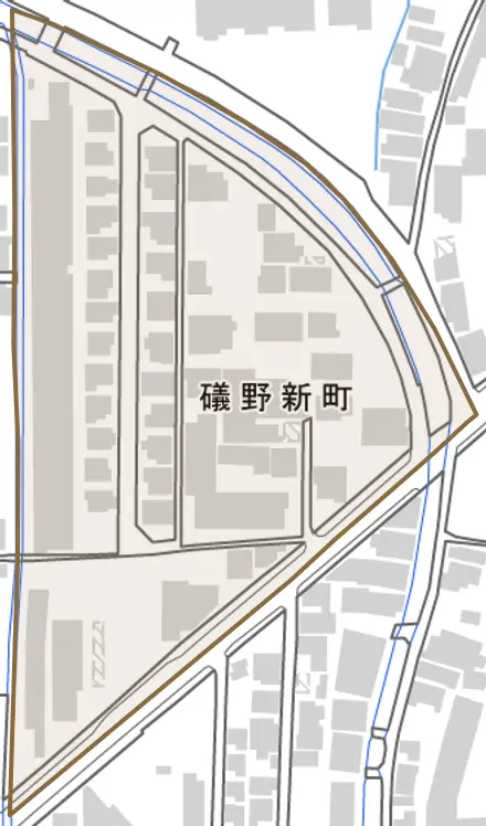 礒野新町とその周辺の地図。町の範囲を重ねている