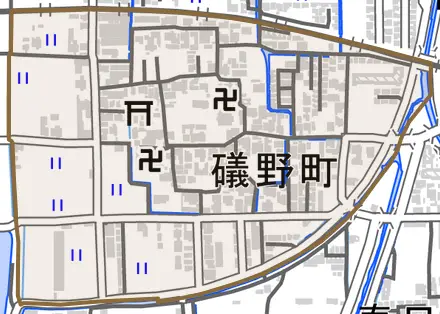 礒野町とその周辺の地図。町の範囲を重ねている