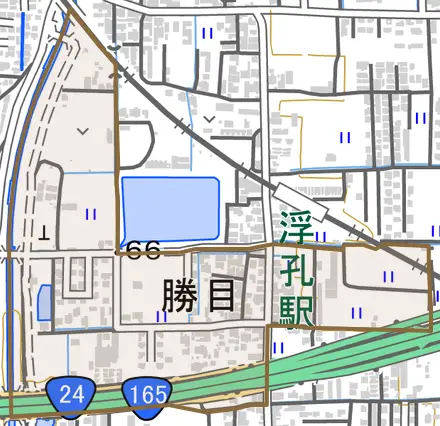 大字勝目とその周辺の地図。町の範囲を重ねている