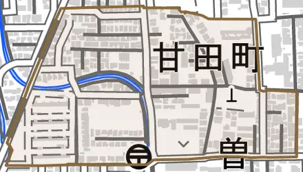 甘田町とその周辺の地図。町の範囲を重ねている