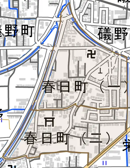 春日町とその周辺の地図。町の範囲を重ねている