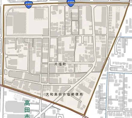 片塩町とその周辺の地図。町の範囲を重ねている