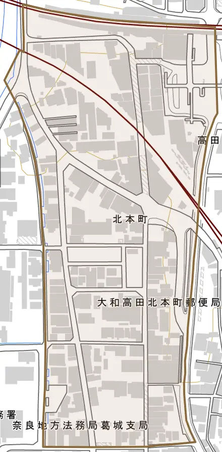 北本町とその周辺の地図。町の範囲を重ねている