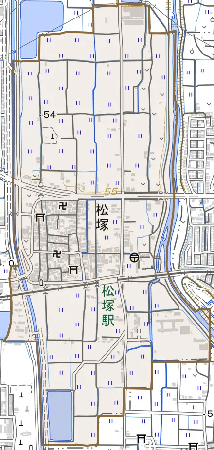 大字松塚とその周辺の地図。町の範囲を重ねている