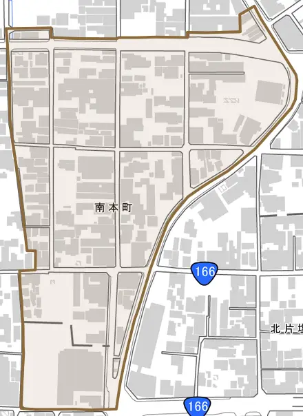 南本町とその周辺の地図。町の範囲を重ねている
