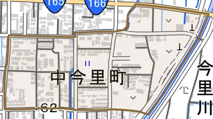 中今里町とその周辺の地図。町の範囲を重ねている