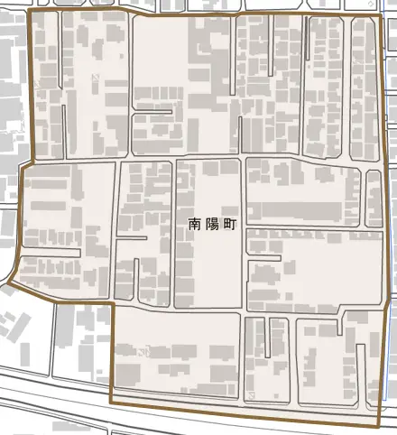 南陽町とその周辺の地図。町の範囲を重ねている