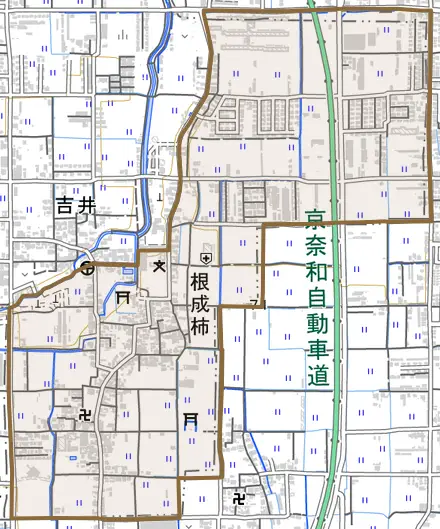 大字根成柿とその周辺の地図。町の範囲を重ねている