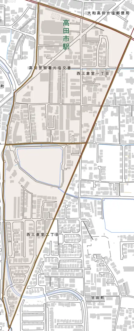 西三倉堂とその周辺の地図。町の範囲を重ねている
