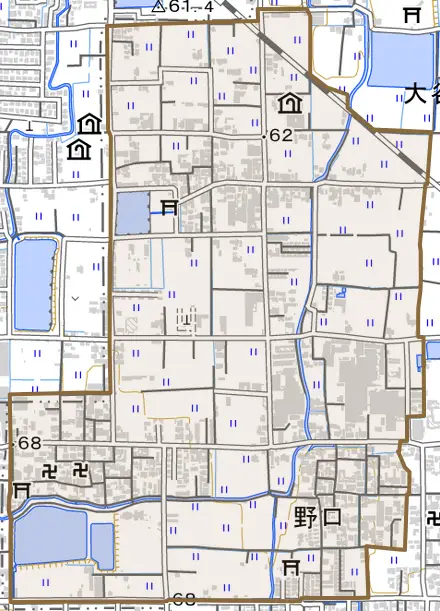 大字野口とその周辺の地図。町の範囲を重ねている