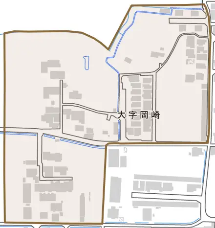 大字岡崎とその周辺の地図。町の範囲を重ねている