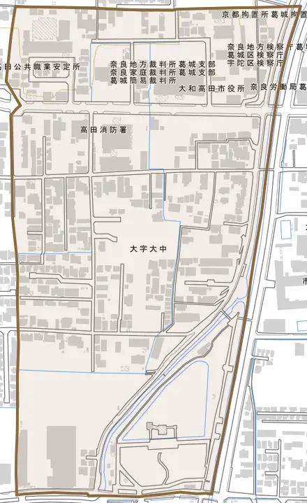 大字大中とその周辺の地図。町の範囲を重ねている