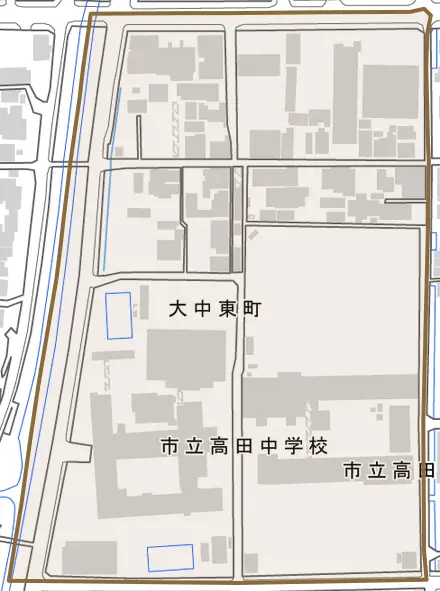 大中東町とその周辺の地図。町の範囲を重ねている