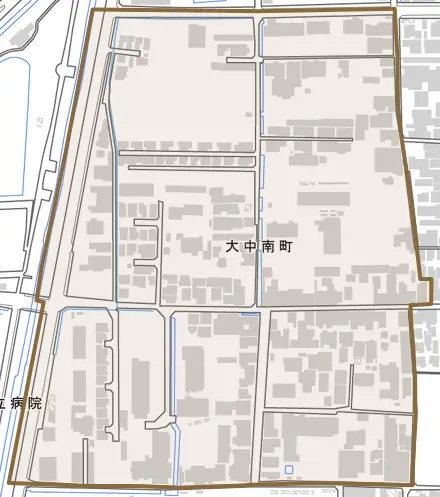 大中南町とその周辺の地図。町の範囲を重ねている