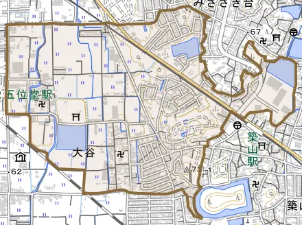 大字大谷とその周辺の地図。町の範囲を重ねている