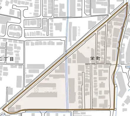 栄町とその周辺の地図。町の範囲を重ねている