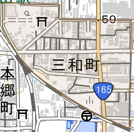 三和町とその周辺の地図。町の範囲を重ねている