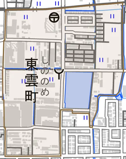 東雲町とその周辺の地図。町の範囲を重ねている